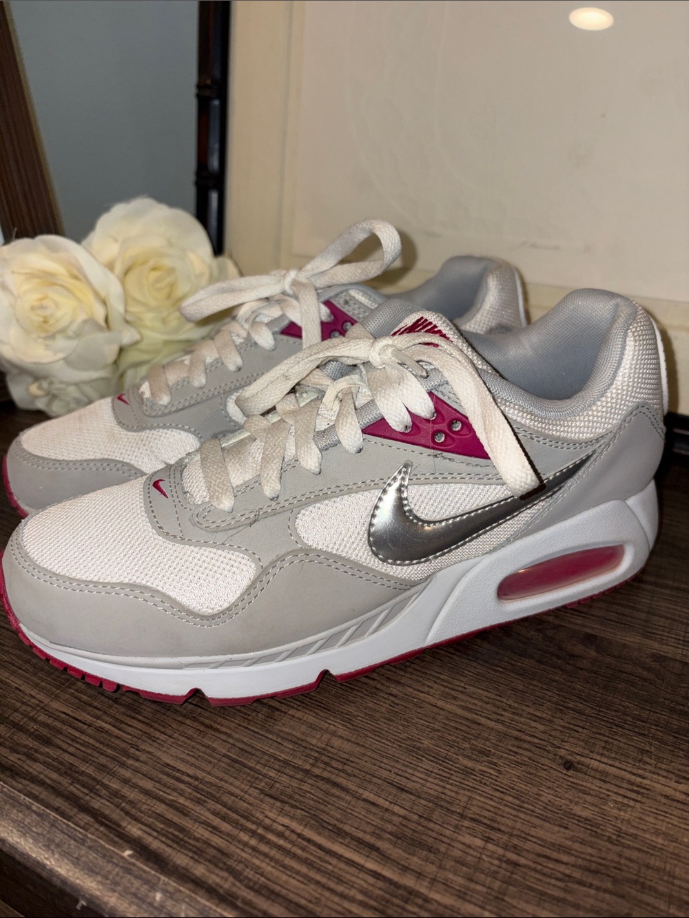 Nike Women’s Sneakers in White, Gray & Pink with Silver Swoosh